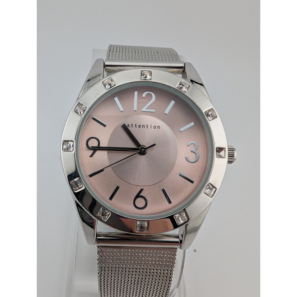 Attention Watch Women 35mm Case Silver Adjustable Mesh‎ Metal Band- New Battery